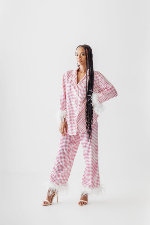 Pink Gingham Feathered Sleepwear Set