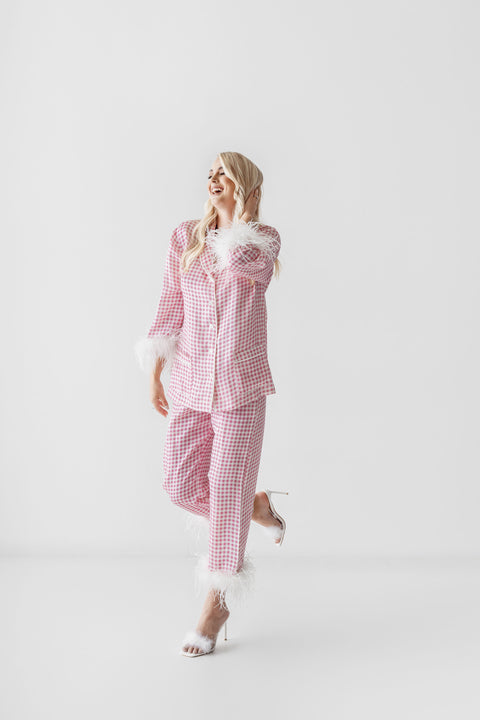 Pink Gingham Feathered Sleepwear Set