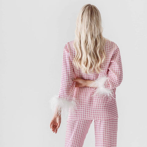 Pink Gingham Feathered Sleepwear Set