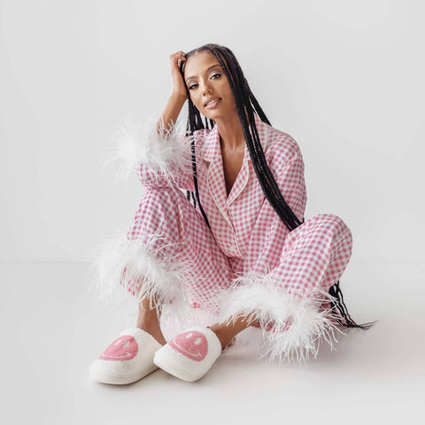 Pink Gingham Feathered Sleepwear Set