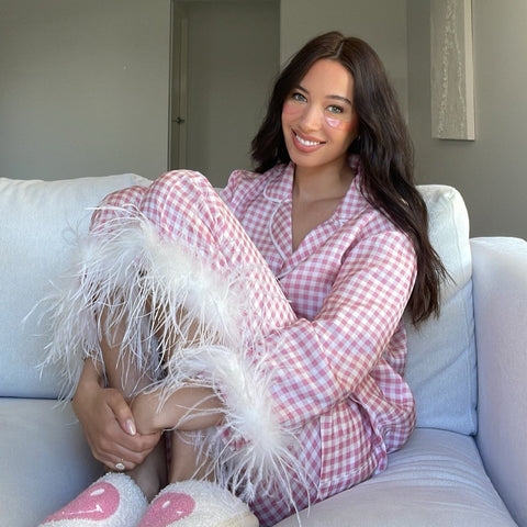 Pink Gingham Feathered Sleepwear Set