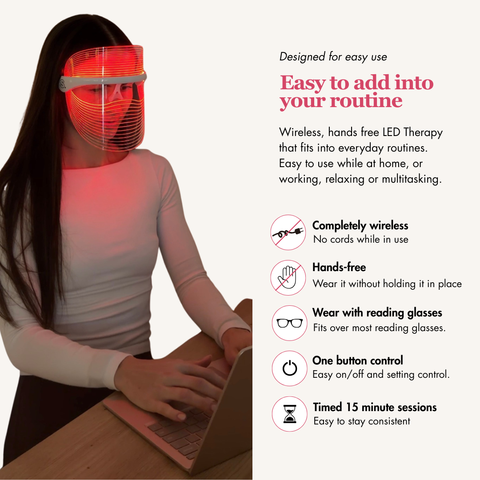 A woman wearing a red LED light therapy face mask while using a laptop, with promotional text on the right detailing its wireless, hands-free, and easy-to-use features.