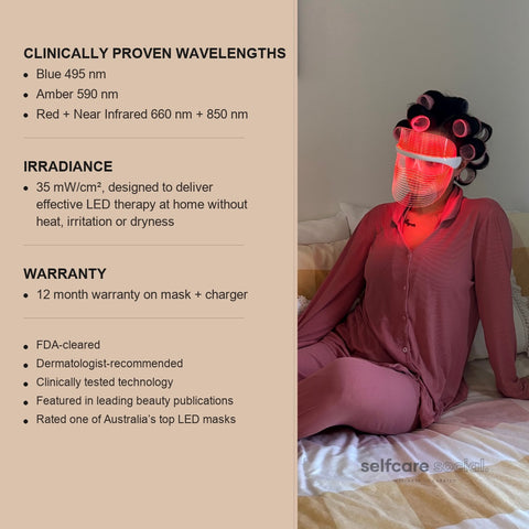 A woman wearing a pink LED therapy mask and matching pajamas sits on a bed, with the mask glowing red. The left side features a beige text panel detailing product features like clinically proven wavelengths, irradiance, and warranty.