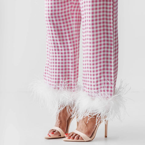 Pink Gingham Feathered Sleepwear Set